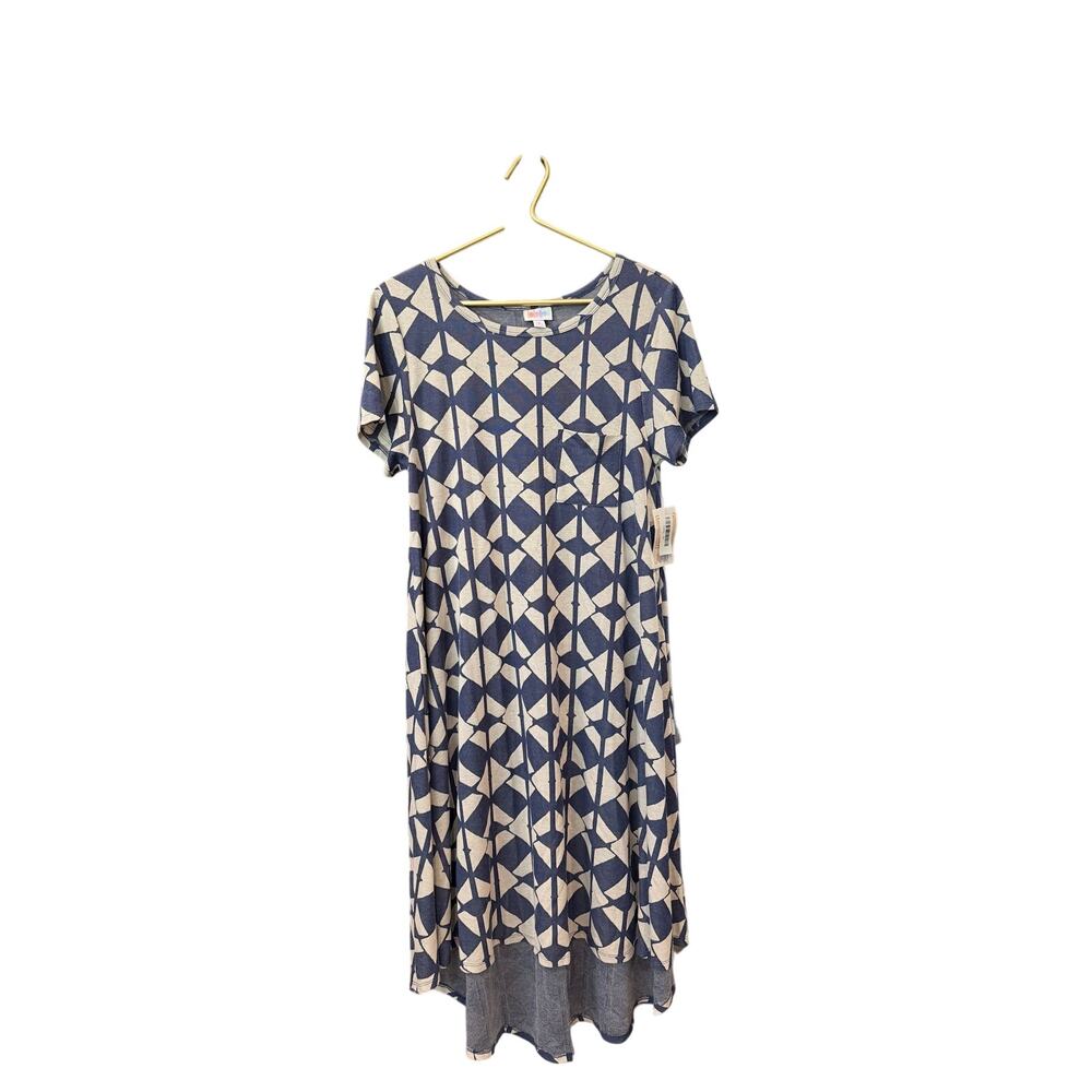 ✨ LULAROE Carly Tan Navy Diamond Swing Dress M NWT High Low Pocket 🌿